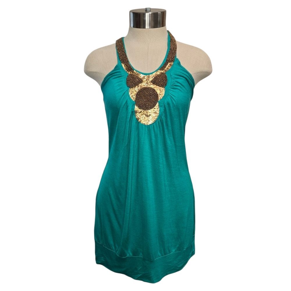 Sneak Peek Teal Halter Top with Gold and Brown Beads And Sequins